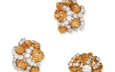 A MODERNIST DIAMOND RING AND EARRINGS SUITE in 18ct white and yellow gold, the ring in a textured