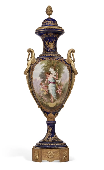 A MONUMENTAL ORMOLU-MOUNTED SEVRES STYLE PORCELAIN COBALT-BLUE GROUND VASE AND COVER LATE 19TH/20TH CENTURY, THE VASE WITH SPURIOUS CHATEAU AND LOUIS PHILIPPE MARKS, SIGNED G LABARRE