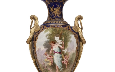A MONUMENTAL ORMOLU-MOUNTED SEVRES STYLE PORCELAIN COBALT-BLUE GROUND VASE AND COVER LATE 19TH/20TH CENTURY, THE VASE WITH SPURIOUS CHATEAU AND LOUIS PHILIPPE MARKS, SIGNED G LABARRE