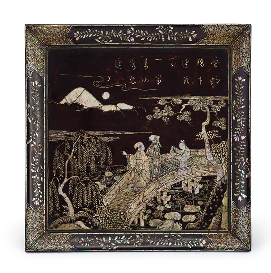 A MOTHER-OF-PEARL-INLAID LACQUER 'FIGURE' SQUARE TRAY YUAN – MING DYNASTY