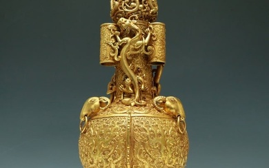A Marvelous Gilt-Bronze 'Dragon& Phoenix' Tripod Vase