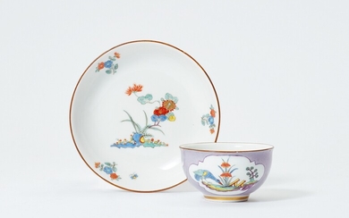 A Meissen porcelain tea bowl and saucer with lilac ground and Kakiemon style decor