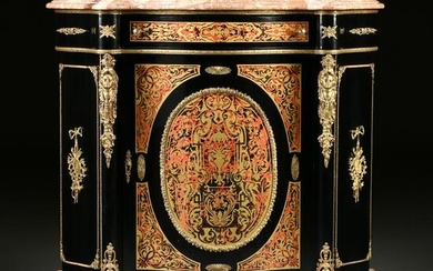 A NAPOLEON III STYLE MARBLE TOPPED AND STENCILED BOULLE