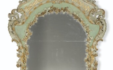 A NORTH ITALIAN GREEN-PAINTED AND PARCEL-GILT MIRROR, PROBABLY GENOA OR SOUTH GERMAN, CIRCA 1730-1740