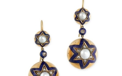 A PAIR OF ANTIQUE PEARL, DIAMOND AND ENAMEL EARRINGS