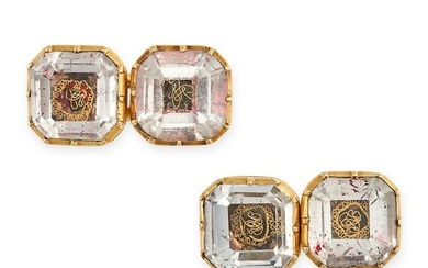 A PAIR OF ANTIQUE STUART CRYSTAL CUFFLINKS in high carat yellow gold, each set with a foiled