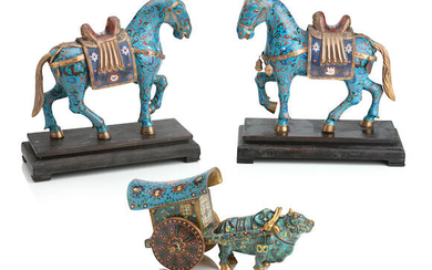 A PAIR OF CHINESE CLOISONNE FIGURES OF HORSES