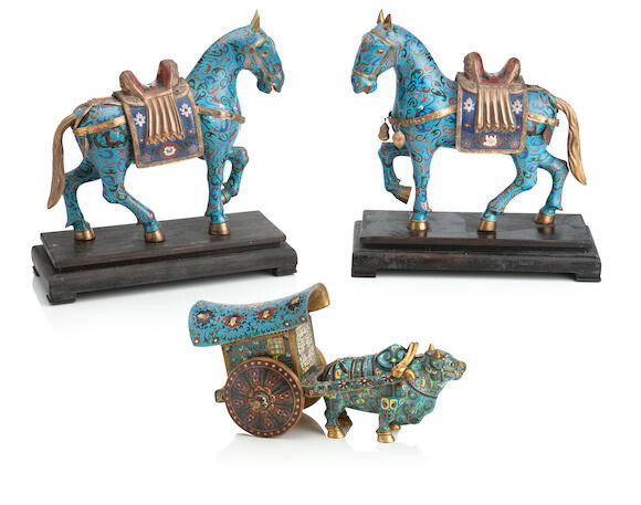 A PAIR OF CHINESE CLOISONNE FIGURES OF HORSES