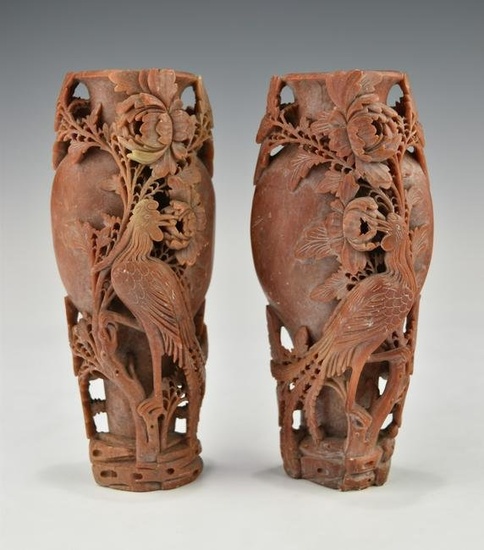 A PAIR OF CHINESE QING DYNASTY SOAPSTONE VASES