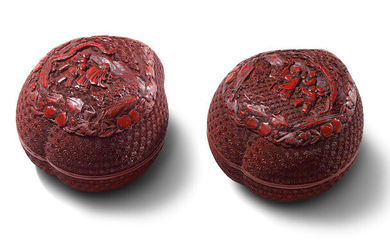 A PAIR OF CINNABAR LACQUER CARVED PEACH-SHAPED 'DAOIST IMMORTALS' BOXES AND COVERS