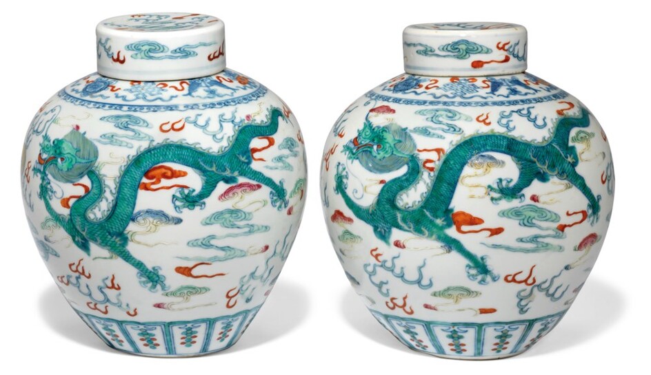 A PAIR OF DOUCAI OVOID 'DRAGON' JARS AND COVERS, 19TH CENTURY
