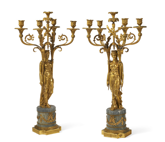 A PAIR OF FRENCH ORMOLU AND BLEU TURQUIN MARBLE FIVE...
