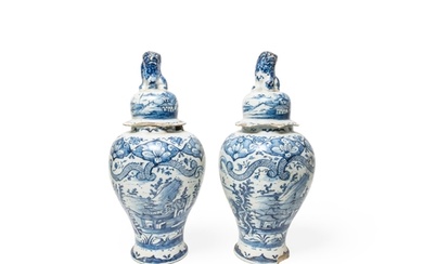 A PAIR OF LARGE DELFT VASES 18th century, 41cms high