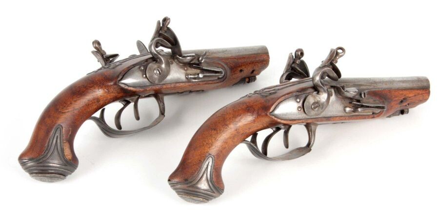 A PAIR OF LATE 18TH CENTURY FRENCH DOUBLE BARREL FLINTLOCK...