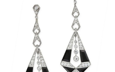 A PAIR OF ONYX AND DIAMOND EARRINGS each of pendent