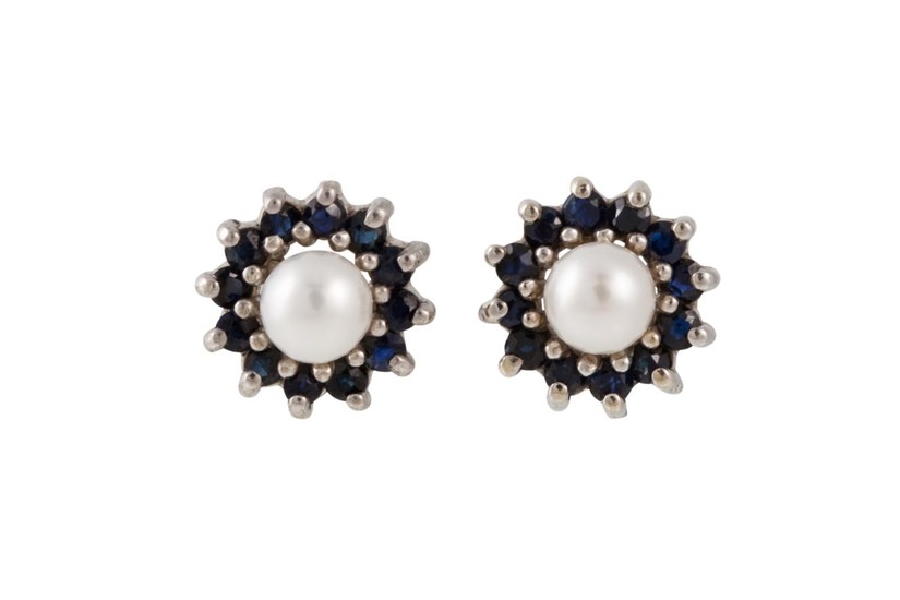 A PAIR OF SAPPHIRE AND PEARL CLUSTER EARRINGS, mounted in wh...