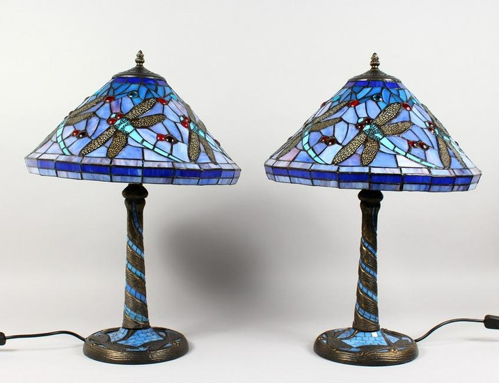 A PAIR OF TIFFANY STYLE DRAGONFLY TABLE LAMPS. 23ins