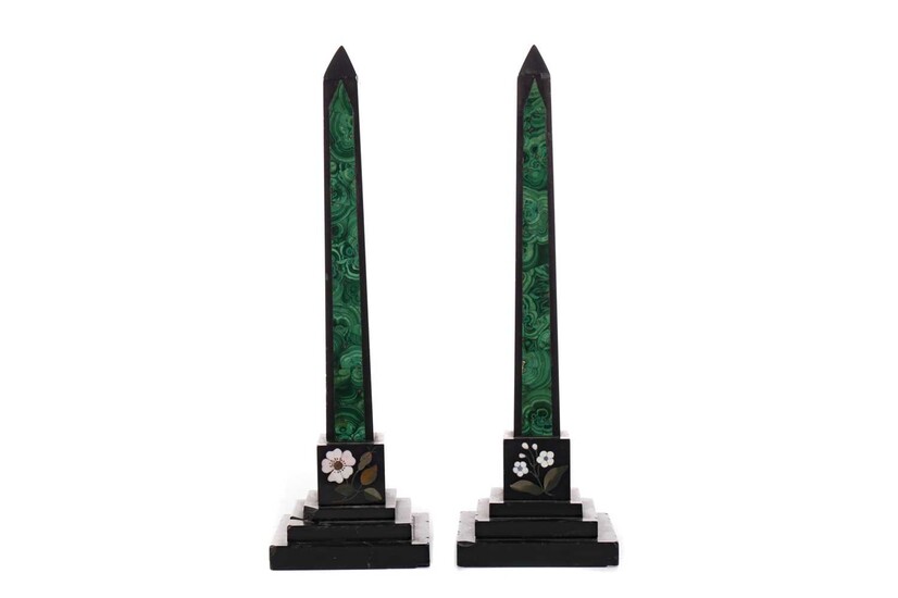 A PAIR OF VICTORIAN BLACK SLATE AND MALACHITE OBELISKS, ALONG WITH A PAIR OF CANDLESTICKS