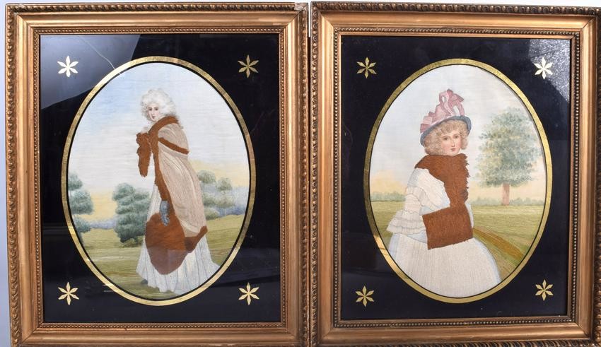 A PAIR OF VICTORIAN WOOLWORK PICTURES, depicting