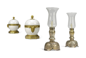 A PAIR OF WHITE-METAL HURRICANE LAMPS AND A PAIR OF FRENCH ORMOLU-MOUNTED WHITE-PORCELAIN COVERED BOXES, 20TH CENTURY