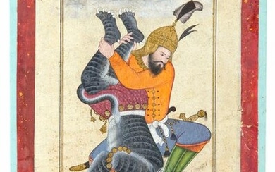 A PERSIAN MINIATURE DEPICTING A ROSTAM FIGHTIING THE