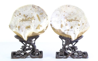 A Pair Of 19th Century Mother Of Pearl Shells On Stands (some Losses To Decorations) H:31cm