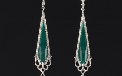 A Pair of 18k Gold, Agate, Diamond, and Emerald Earrings