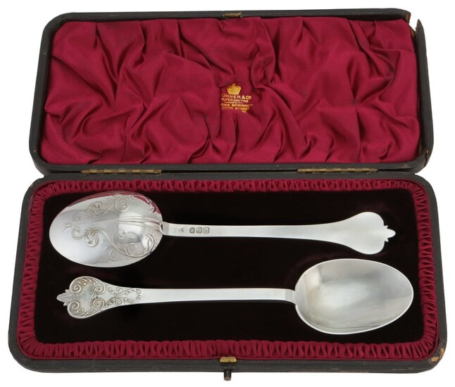 A Pair of Arts and Crafts Silver Serving Spoons Trefid pattern, hallmarked Britannia Silver, by...