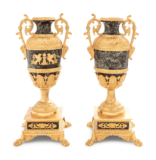 A Pair of Empire Style Gilt Bronze Mounted Verde Antico Marble Urns