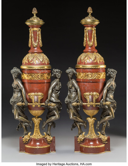 A Pair of French Gilt Bronze Mounted Marble Oil Lamps (late 19th century)