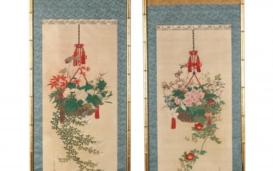 A Pair of Japanese Scroll Paintings of Flower Arrangements