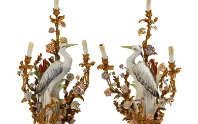 A Pair of Louis XV Style Gilt-Bronze and Porcelain