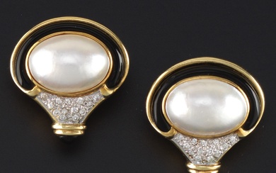 A Pair of Mabe Pearl, Onyx, and Diamond Earrings