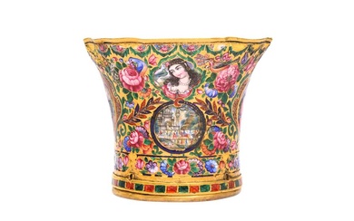 A QAJAR POLYCHROME-PAINTED ENAMELLED GOLD QALYAN CUP WITH PORTRAITS AND TOWNSCAPES Iran, 19th century, signed Sayf al-Sultan