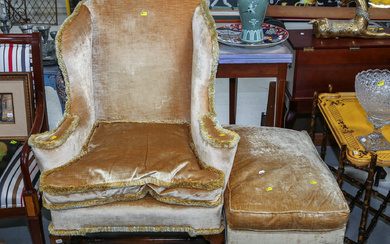 A Queen Anne Style Wingback Armchair & Foot Rest