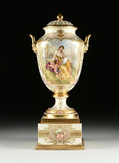 A ROYAL VIENNA STYLE PARCEL GILT AND HAND PAINTED
