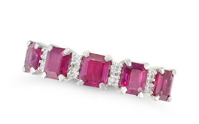 A RUBY AND DIAMOND RING in platinum, set with a row of octagonal step cut rubies accented by pairs