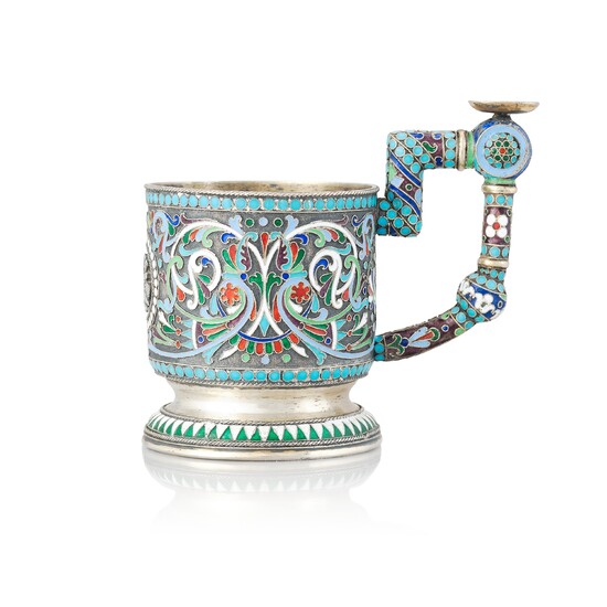 A Russian 19th Century silver-gilt and enamel tea-glass holder, unidentified makers mark, Moscow before 1899.