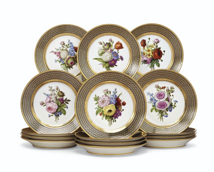 A SET OF FIFTEEN SEVRES PORCELAIN 'BEAU BLEU' DESSERT PLATES FROM A SERVICE GIVEN BY CHARLES X TO SIR THOMAS LAWRENCE, CIRCA 1823-25, MOST WITH BLUE STENCILED INTERLACED L'S OR C'S ENCLOSING A FLEUR-DE-LYS, THREE WITH INTERLACED C'S ENCLOSING AN X...