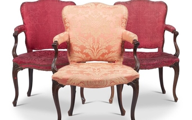 A SET OF THREE GEORGE III MAHOGANY AND UPHOLSTERED ARMCHAIRS, CIRCA 1800