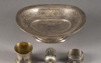 A SILVER BOWL, TWO NAPKIN HOLDERS AND A SUGAR SHOVEL WIT