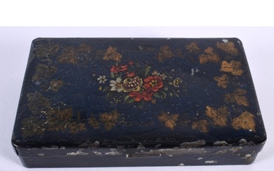 A SMALL ANTIQUE TOLEWARE RECTANGULAR BOX painted with flower...