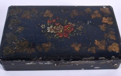 A SMALL ANTIQUE TOLEWARE RECTANGULAR BOX painted with flowers and vines. 11 cm x 7 cm.