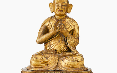 A Tibetan/Nepalese Gilt Copper Repoussé Figure of Tsongkhapa