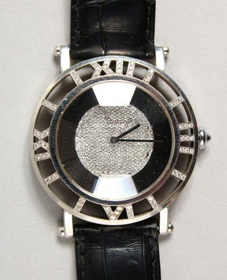 A VERY GOOD 18CT WHITE GOLD AND DIAMOND WRISTWATCH BY