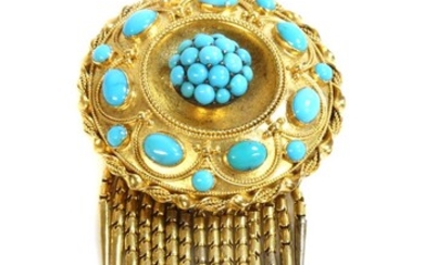 A Victorian Etruscan Revival gold and turquoise set fringe pendant, c.1860