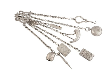 A Victorian unmarked silver chatelaine, with a
