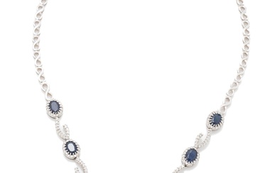 A WHITE GOLD SAPPHIRE AND DIAMOND NECKLACE