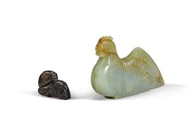 A celadon jade rooster and a black stone figure of a recumbent beast Qing dynasty | 清 青玉天鷄 及 黑石瑞獸 一組兩件