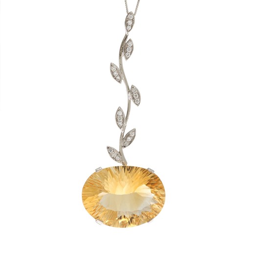 A citrine and diamond pendant set with a fancy-cut citrine and numerous brilliant-cut diamonds, mounted in 18k white gold. Necklace of 18k white gold. (2)